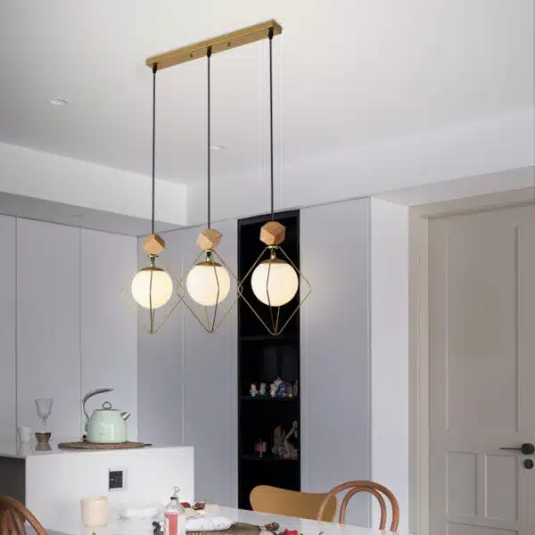 Hanging LED lamp in iron and gold wood 1 33