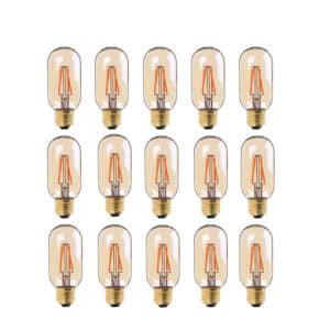 Lot de quinze ampoules LED en verre teinté dorées à filament T45 4W E27 sur fond blanc