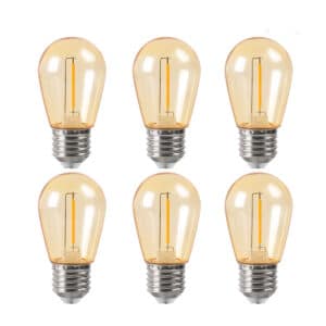 Lot de six ampoules S14 E27 2W en plastique ambre sur fond blanc