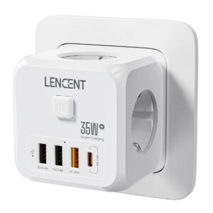 Multiprise avec interrupteur et adaptateur multiport, de couleur blanc en forme de cube