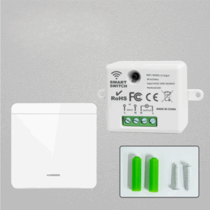 Interrupteur connecté avec contrôle à distance et commande vocale sur fond gris