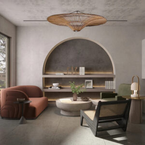 Plafonnier naturel en rotin en forme de parapluie de style moderne sur fond gris dans une pièce avec des sièges et chaises
